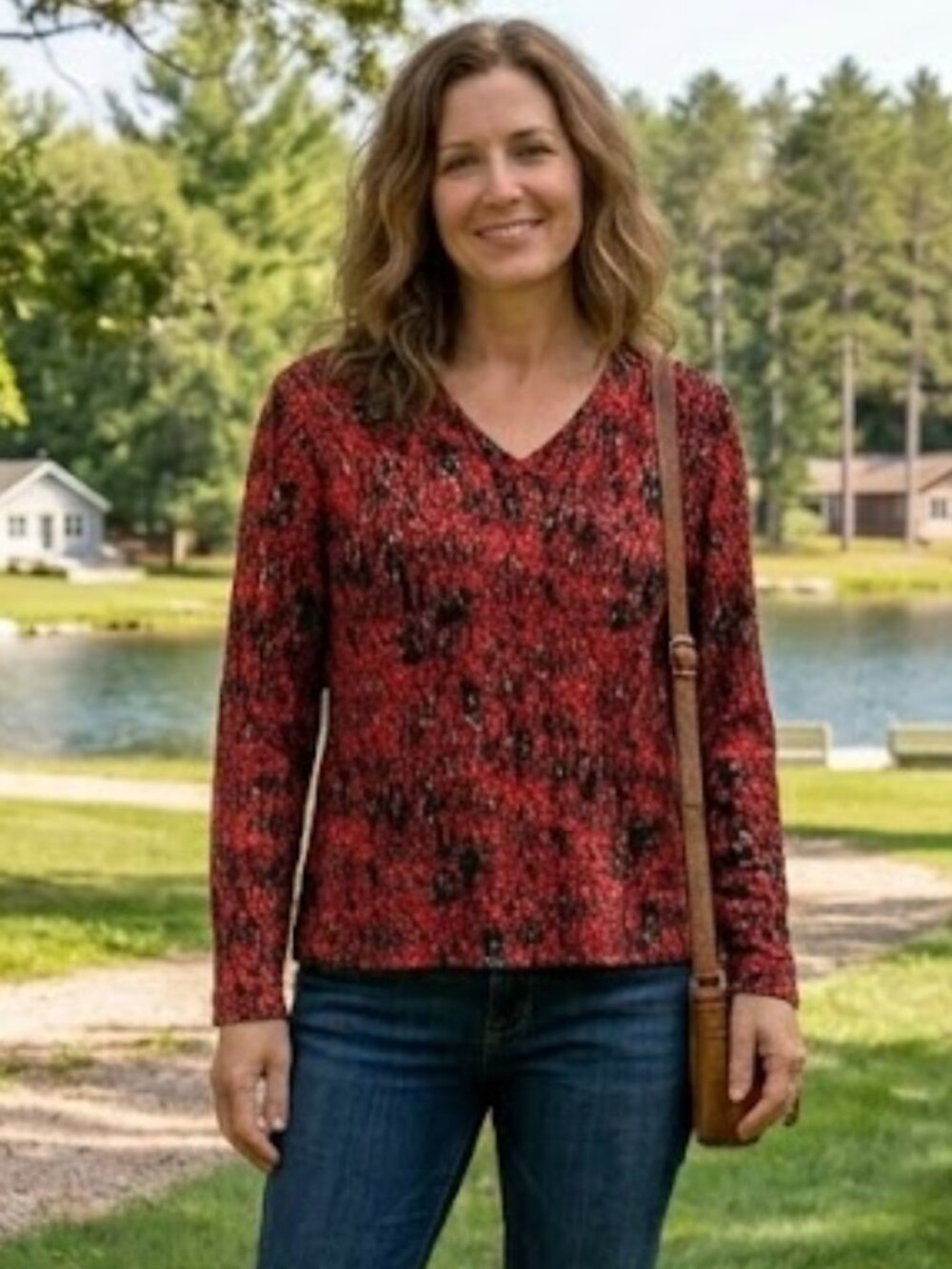 Vintage Laura Ashley Red Black Gold Metallic Popcorn Knit V-Neck Top PM